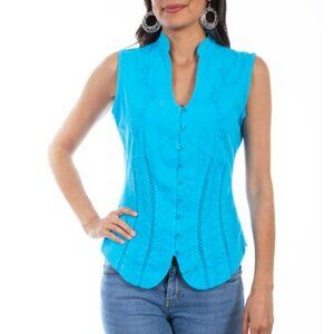 NWT Scully Cantina Collection Turquoise Floral Soutache Sleeveless Cotton Top S
